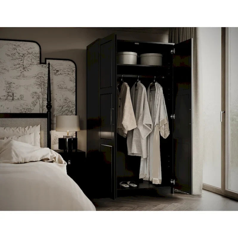 Armoire penderie 2 portes en bois massif avec portes miroir ou panneau