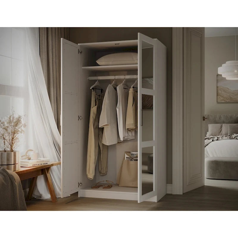 Armoire penderie 2 portes en bois massif avec portes miroir ou panneau