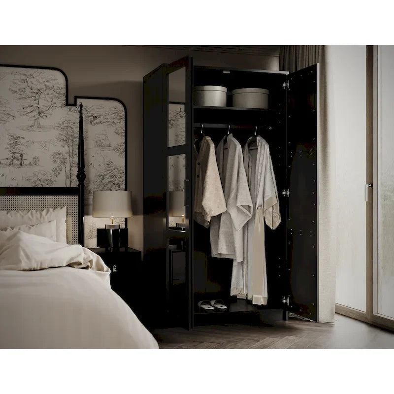 Armoire penderie 2 portes en bois massif avec portes miroir ou panneau