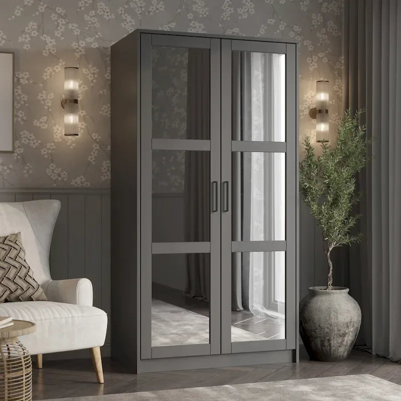 Armoire penderie 2 portes en bois massif avec portes miroir ou panneau