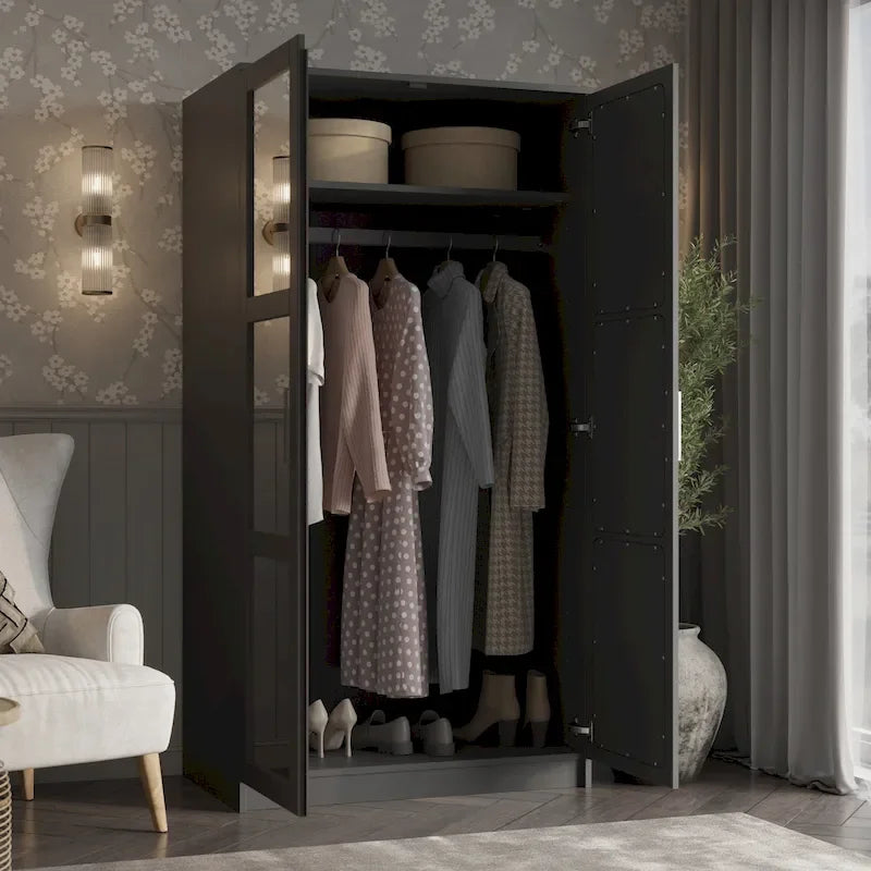 Armoire penderie 2 portes en bois massif avec portes miroir ou panneau