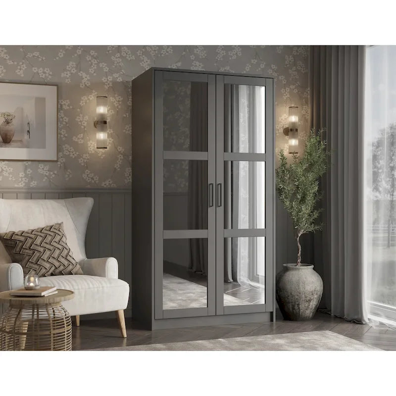 Armoire penderie 2 portes en bois massif avec portes miroir ou panneau
