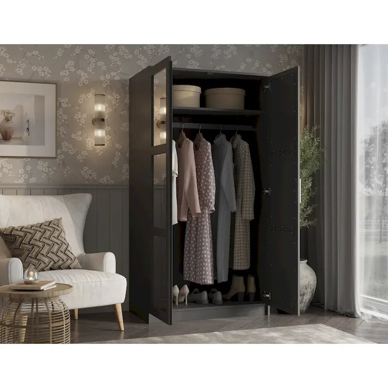 Armoire penderie 2 portes en bois massif avec portes miroir ou panneau