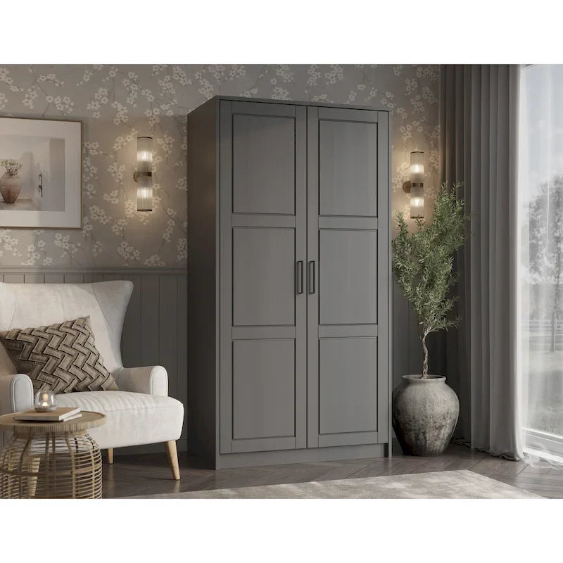 Armoire penderie 2 portes en bois massif avec portes miroir ou panneau