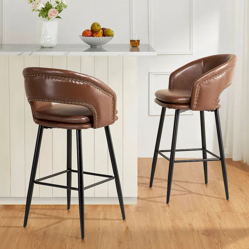 Lot de 2 tabourets de bar en similicuir style Mid-Century Modern de 103 cm avec clous décoratifs