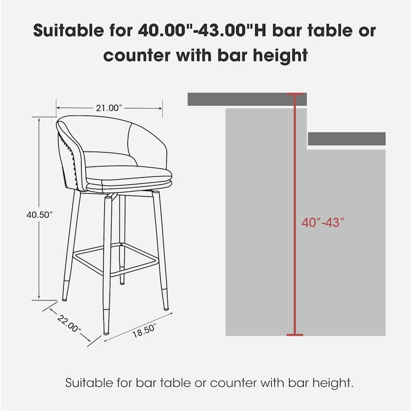 Lot de 2 tabourets de bar en similicuir style Mid-Century Modern de 103 cm avec clous décoratifs