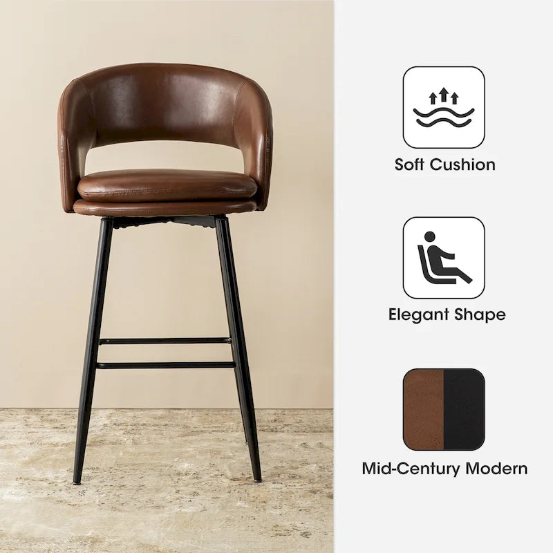 Lot de 2 tabourets de bar en similicuir style Mid-Century Modern de 103 cm avec clous décoratifs