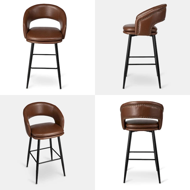 Lot de 2 tabourets de bar en similicuir style Mid-Century Modern de 103 cm avec clous décoratifs