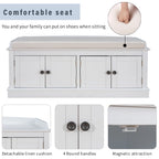 Banc à chaussures de rangement avec 4 portes et étagères réglables, coussin amovible