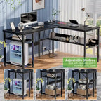 Bureau d'angle réversible avec étagères de rangement et station de charge pour bureau à domicile