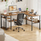 Bureau d'angle réversible avec étagères de rangement et station de charge pour bureau à domicile
