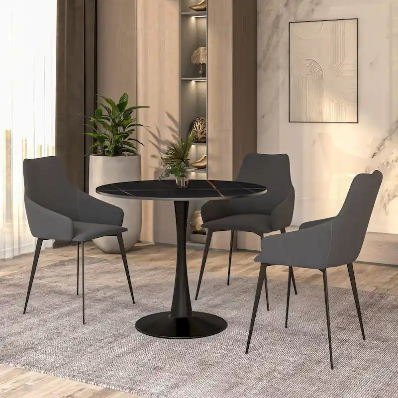 Table à manger ronde Bristol 35 pour 4 personnes avec plateau en pierre frittée et piètement noir pour la cuisine et la salle à manger