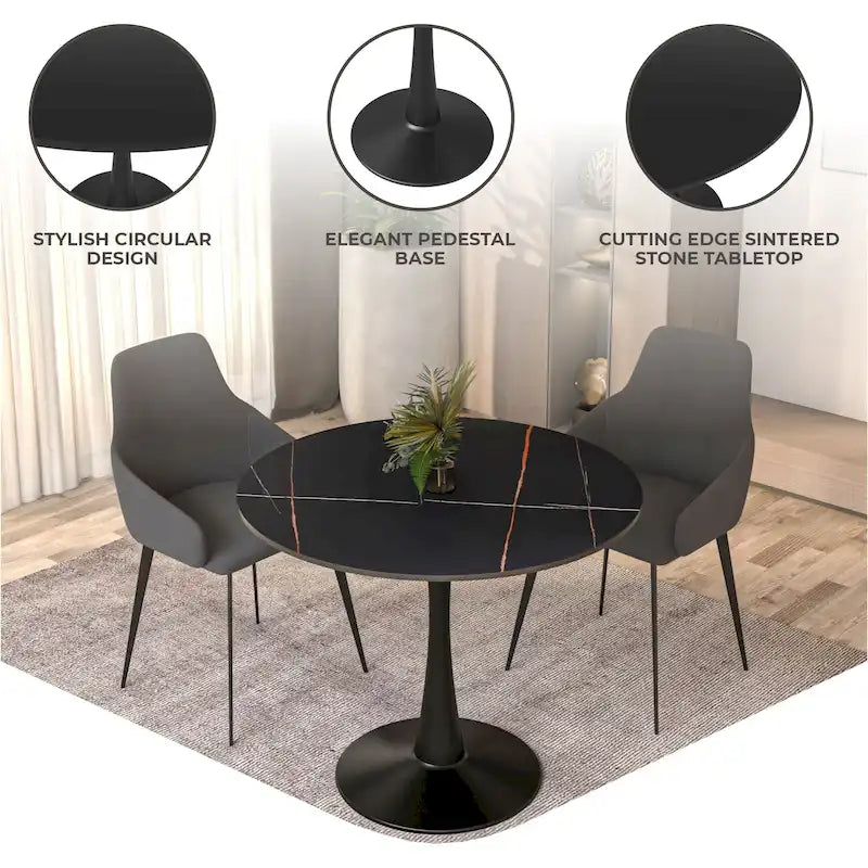 Table à manger ronde Bristol 35 pour 4 personnes avec plateau en pierre frittée et piètement noir pour la cuisine et la salle à manger