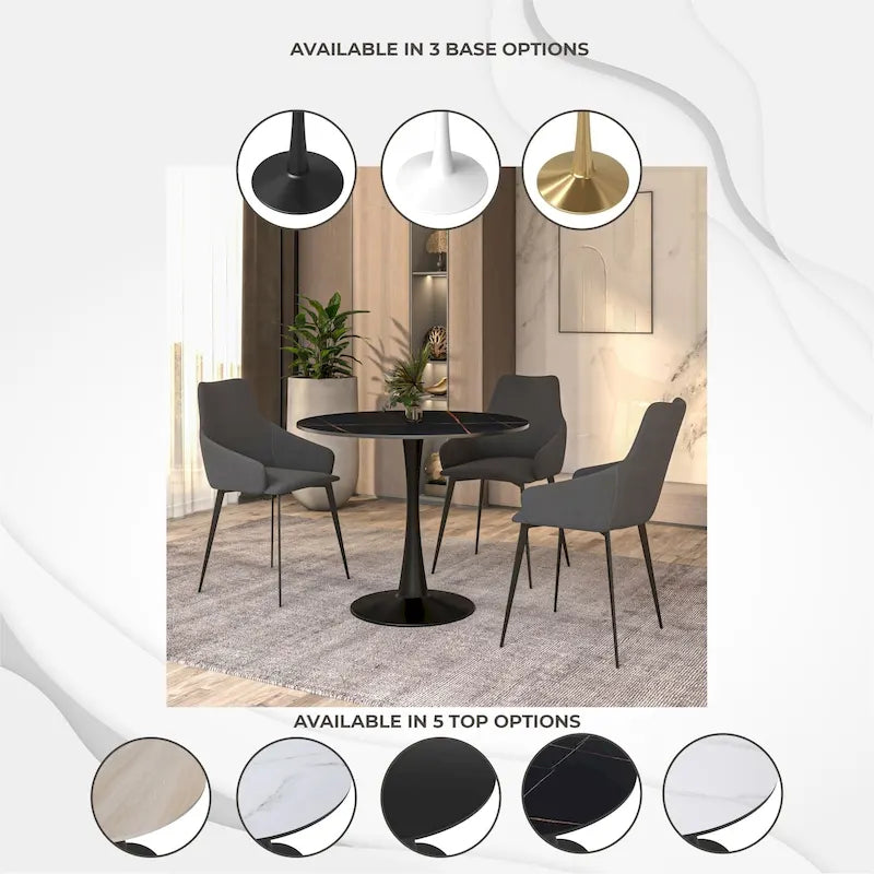Table à manger ronde Bristol 35 pour 4 personnes avec plateau en pierre frittée et piètement noir pour la cuisine et la salle à manger