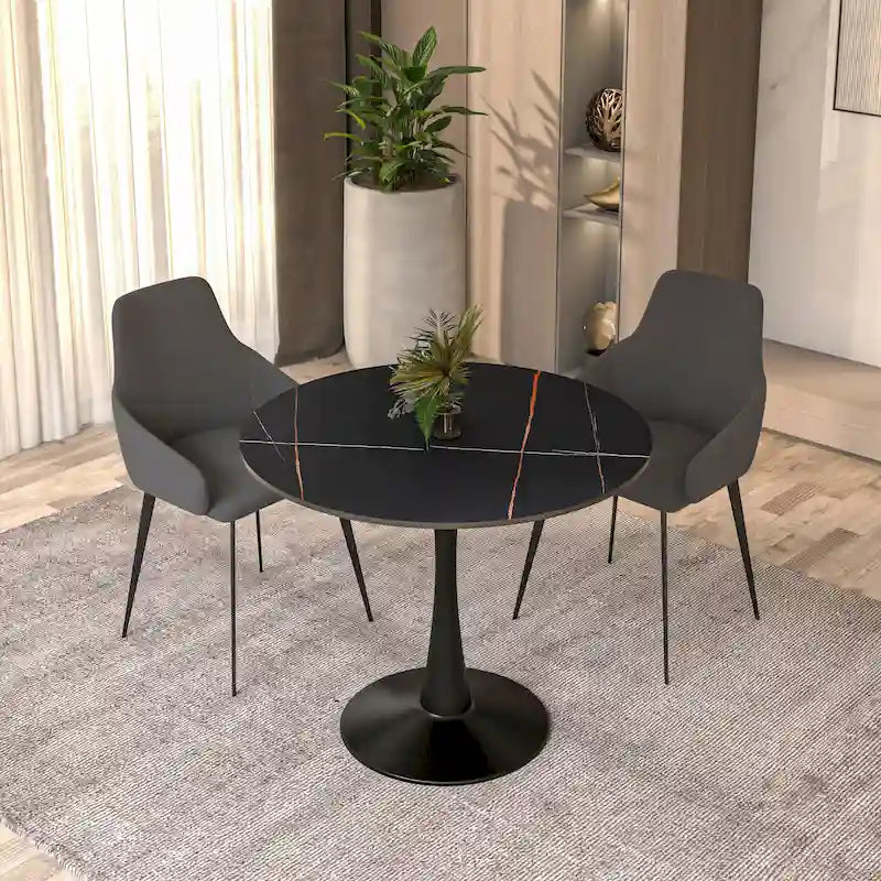 Table à manger ronde Bristol 35 pour 4 personnes avec plateau en pierre frittée et piètement noir pour la cuisine et la salle à manger