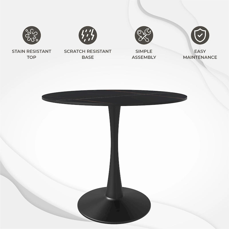 Table à manger ronde Bristol 35 pour 4 personnes avec plateau en pierre frittée et piètement noir pour la cuisine et la salle à manger