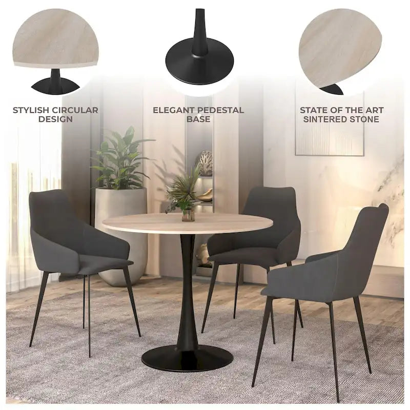 Table à manger ronde Bristol 35 pour 4 personnes avec plateau en pierre frittée et piètement noir pour la cuisine et la salle à manger