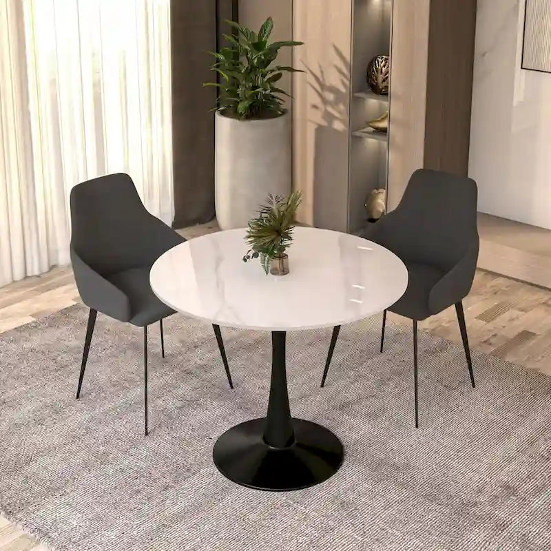 Table à manger ronde Bristol 35 pour 4 personnes avec plateau en pierre frittée et piètement noir pour la cuisine et la salle à manger