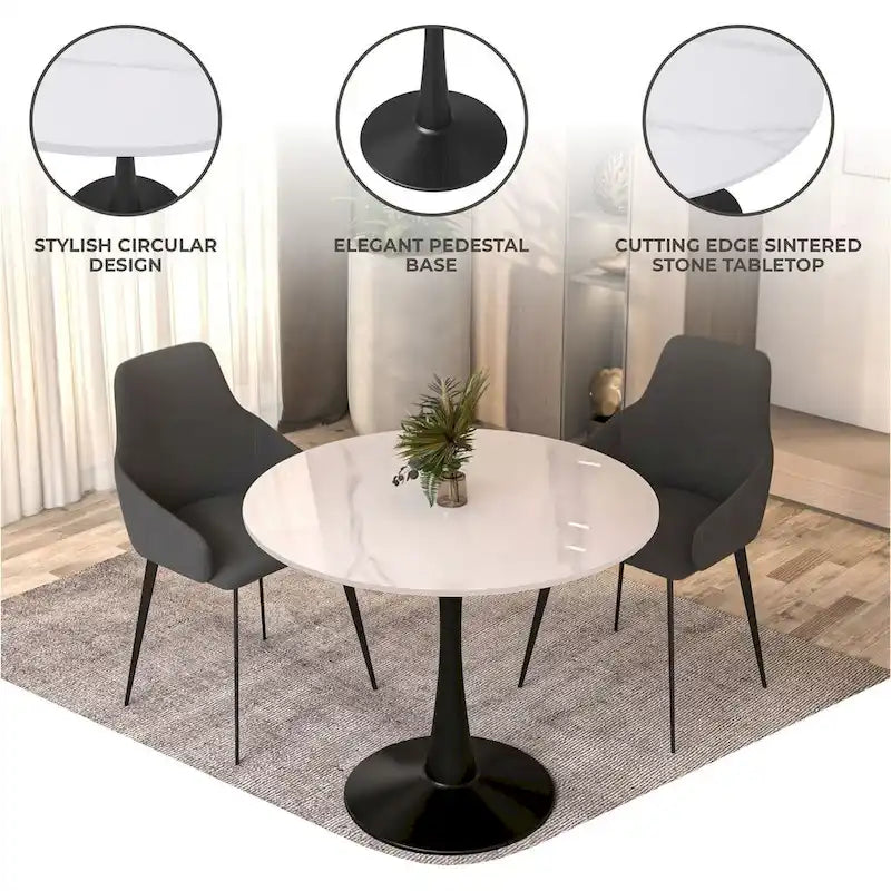Table à manger ronde Bristol 35 pour 4 personnes avec plateau en pierre frittée et piètement noir pour la cuisine et la salle à manger
