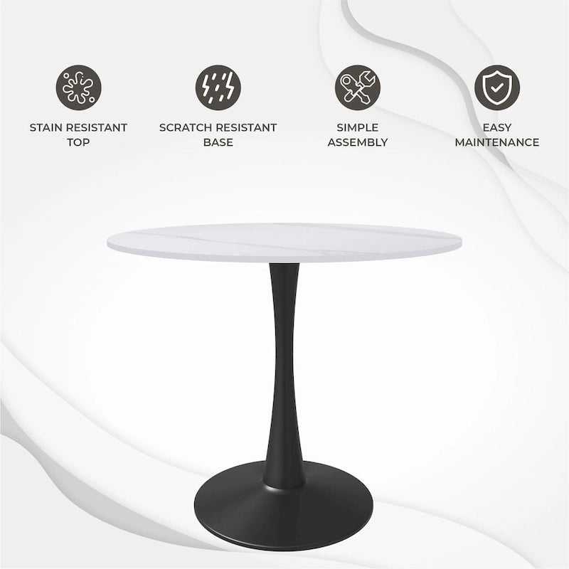 Table à manger ronde Bristol 35 pour 4 personnes avec plateau en pierre frittée et piètement noir pour la cuisine et la salle à manger