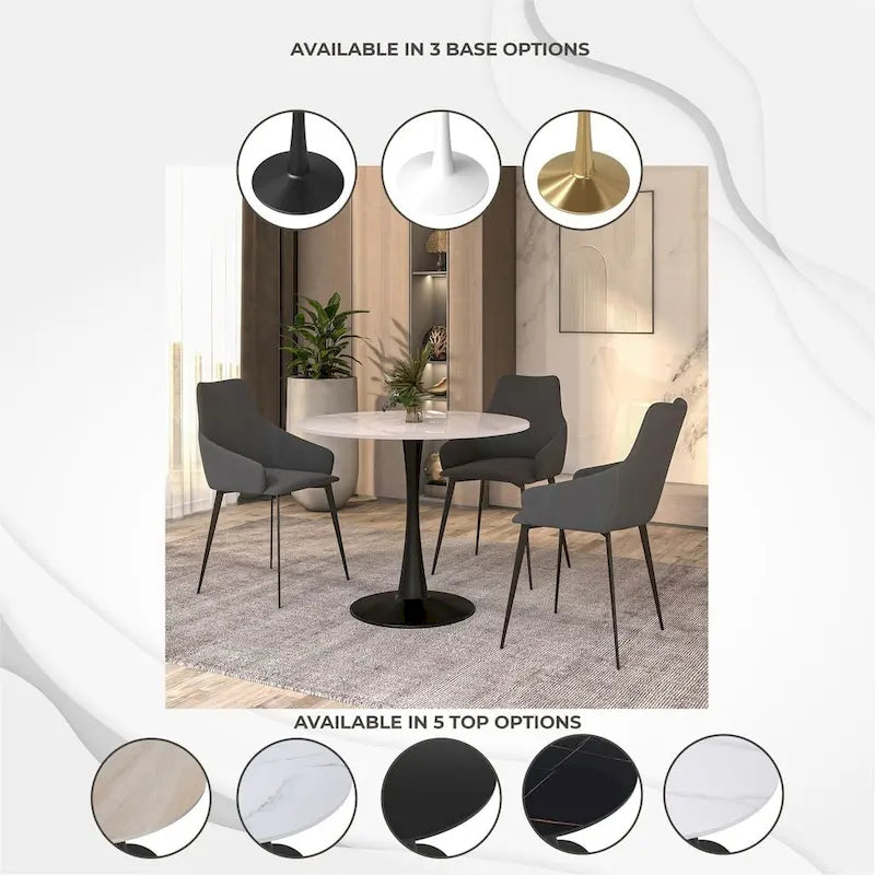 Table à manger ronde Bristol 35 pour 4 personnes avec plateau en pierre frittée et piètement noir pour la cuisine et la salle à manger