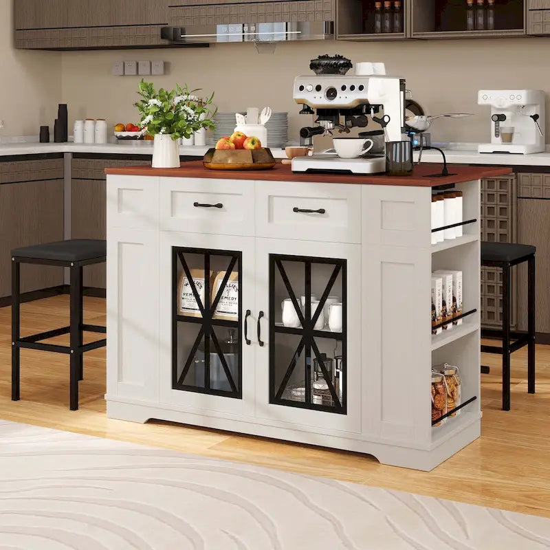 Îlot de cuisine de 47 po avec rallonge et 2 tabourets de bar – Rangement roulant