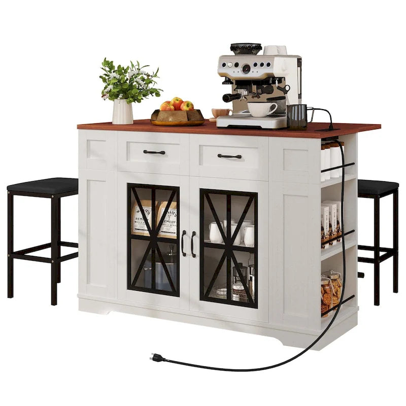 Îlot de cuisine de 47 po avec rallonge et 2 tabourets de bar – Rangement roulant