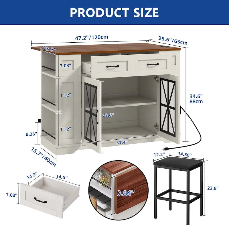 Îlot de cuisine de 47 po avec rallonge et 2 tabourets de bar – Rangement roulant