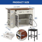 Îlot de cuisine de 47 po avec rallonge et 2 tabourets de bar – Rangement roulant