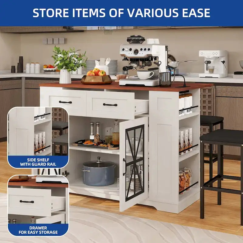 Îlot de cuisine de 47 po avec rallonge et 2 tabourets de bar – Rangement roulant