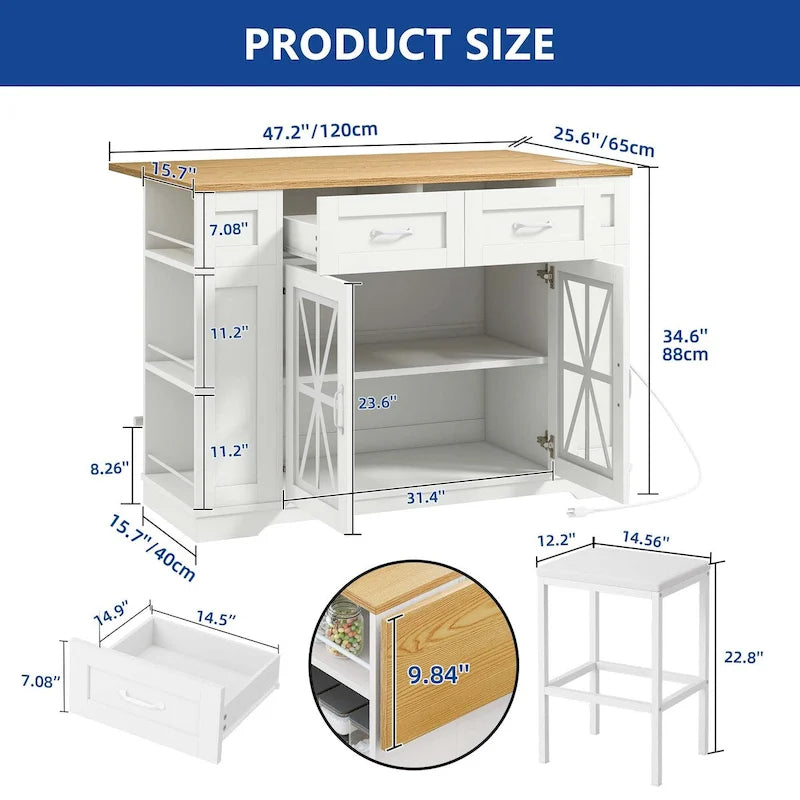 Îlot de cuisine de 47 po avec rallonge et 2 tabourets de bar – Rangement roulant