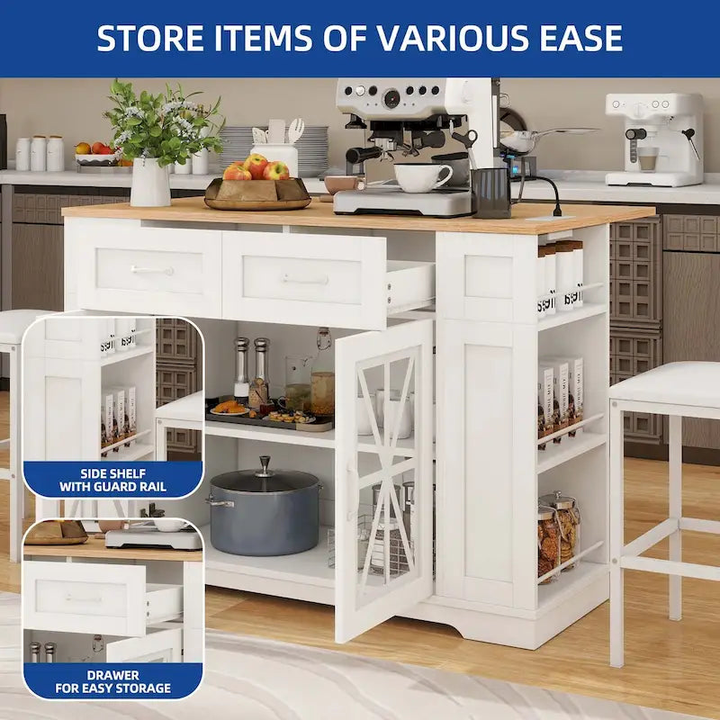 Îlot de cuisine de 47 po avec rallonge et 2 tabourets de bar – Rangement roulant